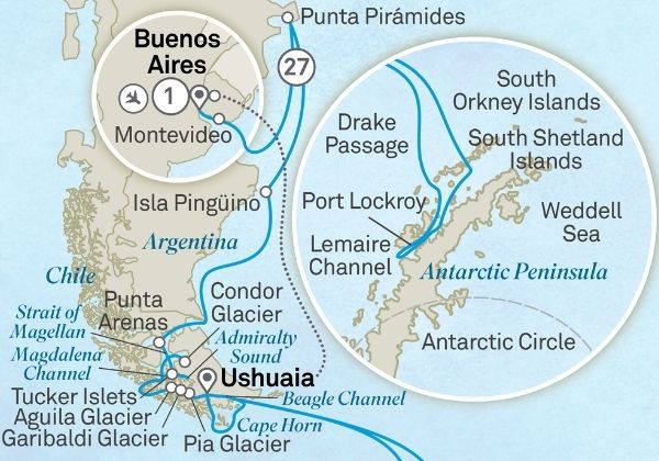 Ultimate Antarctica and the Fjords of Southern Chile itinerary map